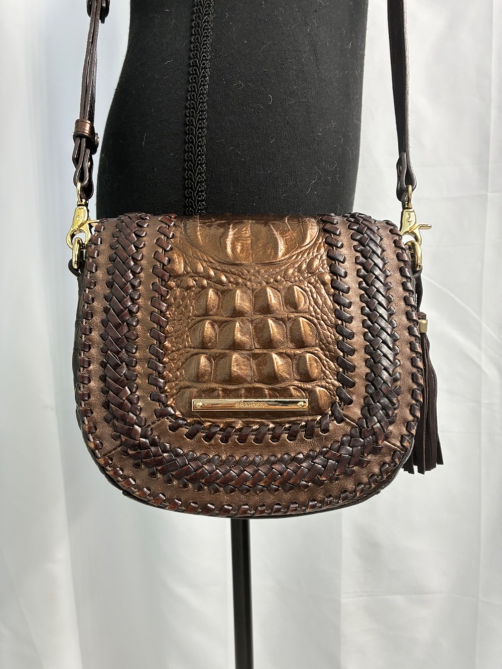 Brahmin Croc Embossed Brown Leather Crossbody Saddle Bag with Tassel Charm